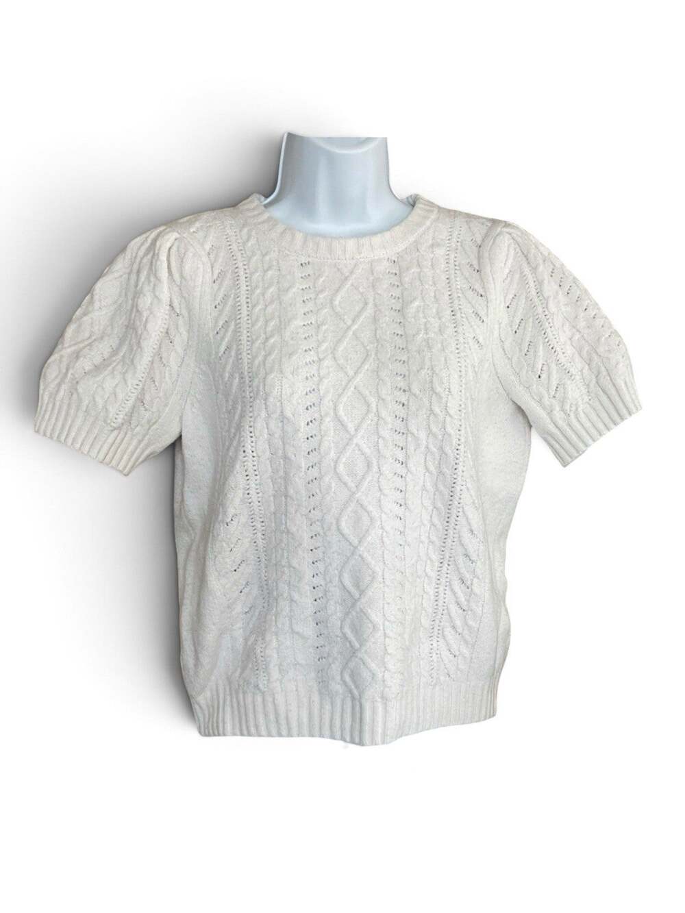 NWT Free Assembly Cream Cable Knit Short Sleeve Sweater Crew Neck Ivory Top XXL